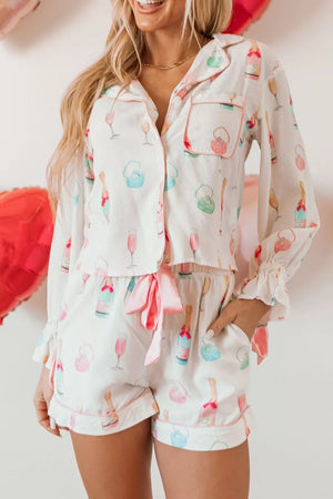 Bow Printed Collared Neck Top and Drawstring Shorts Lounge Set - Miss Belle Boutique , Ltd.Co.
