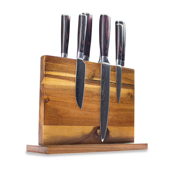 Quality Damascus Print Series 7-piece Knife Set + Acacia Wood Magnetic  Knife Holder - Style 1