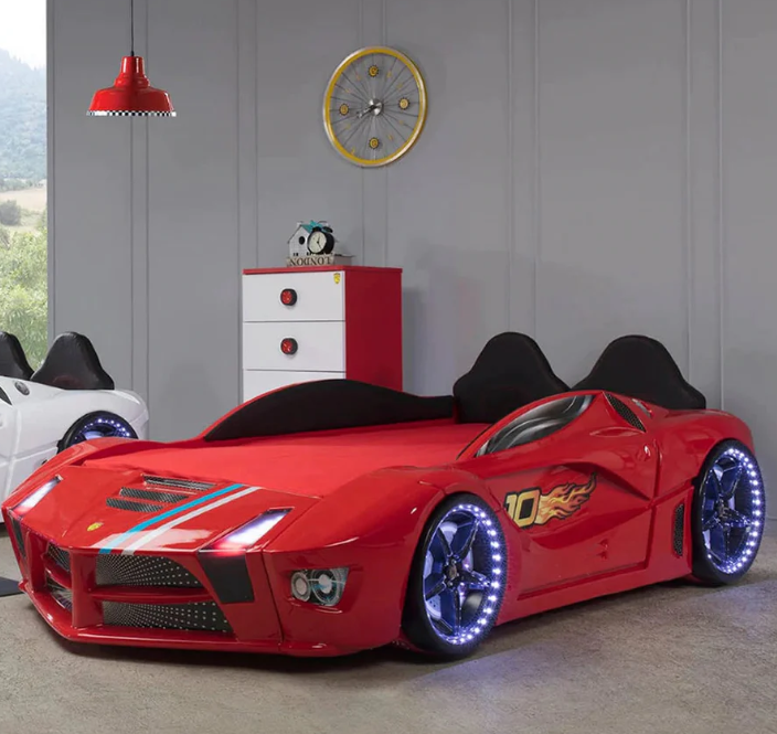 Hudson GTR 3FT Single Children's Red Kids Novelty Racing Car Bed with LED  Lights