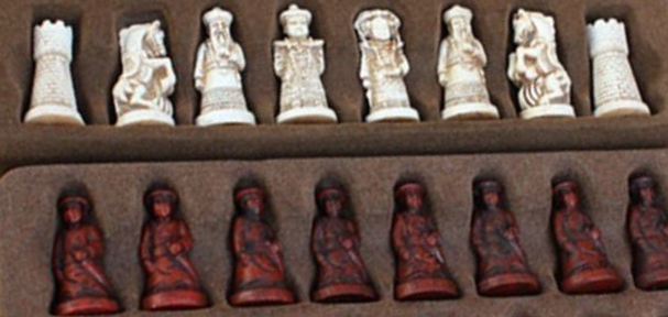 Antique Chinese Chess Pieces and Leather Chess Board