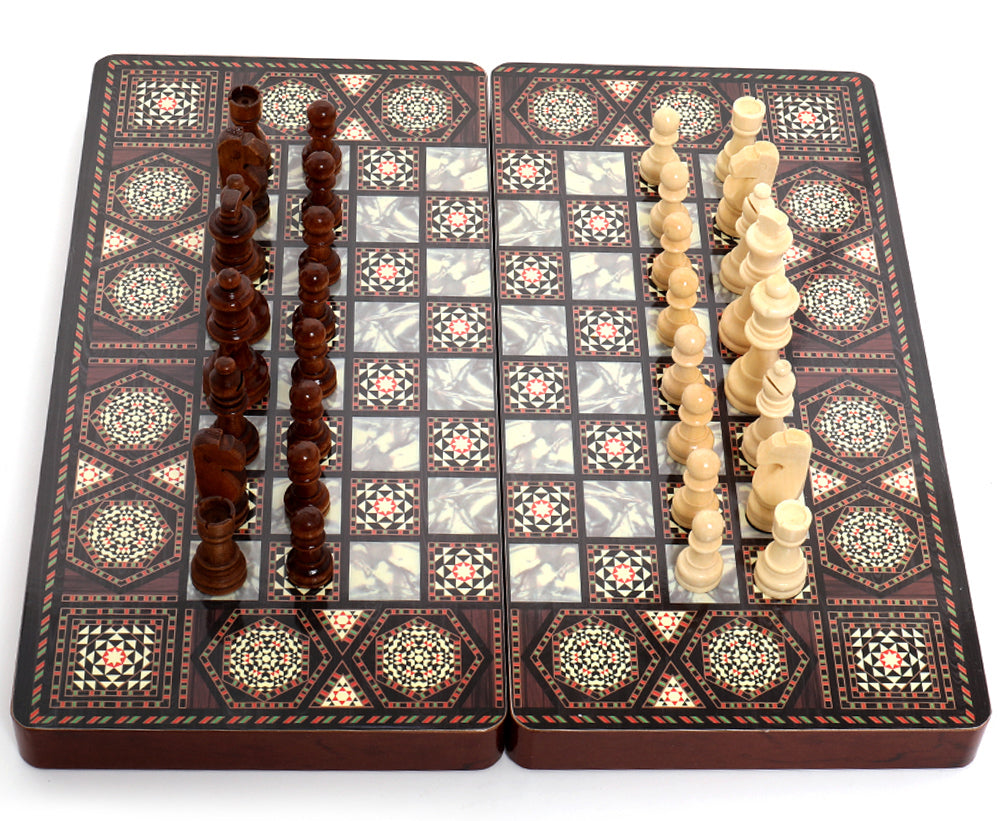 Pearlescent Wooden Backgammon Chess Checkers Board Game