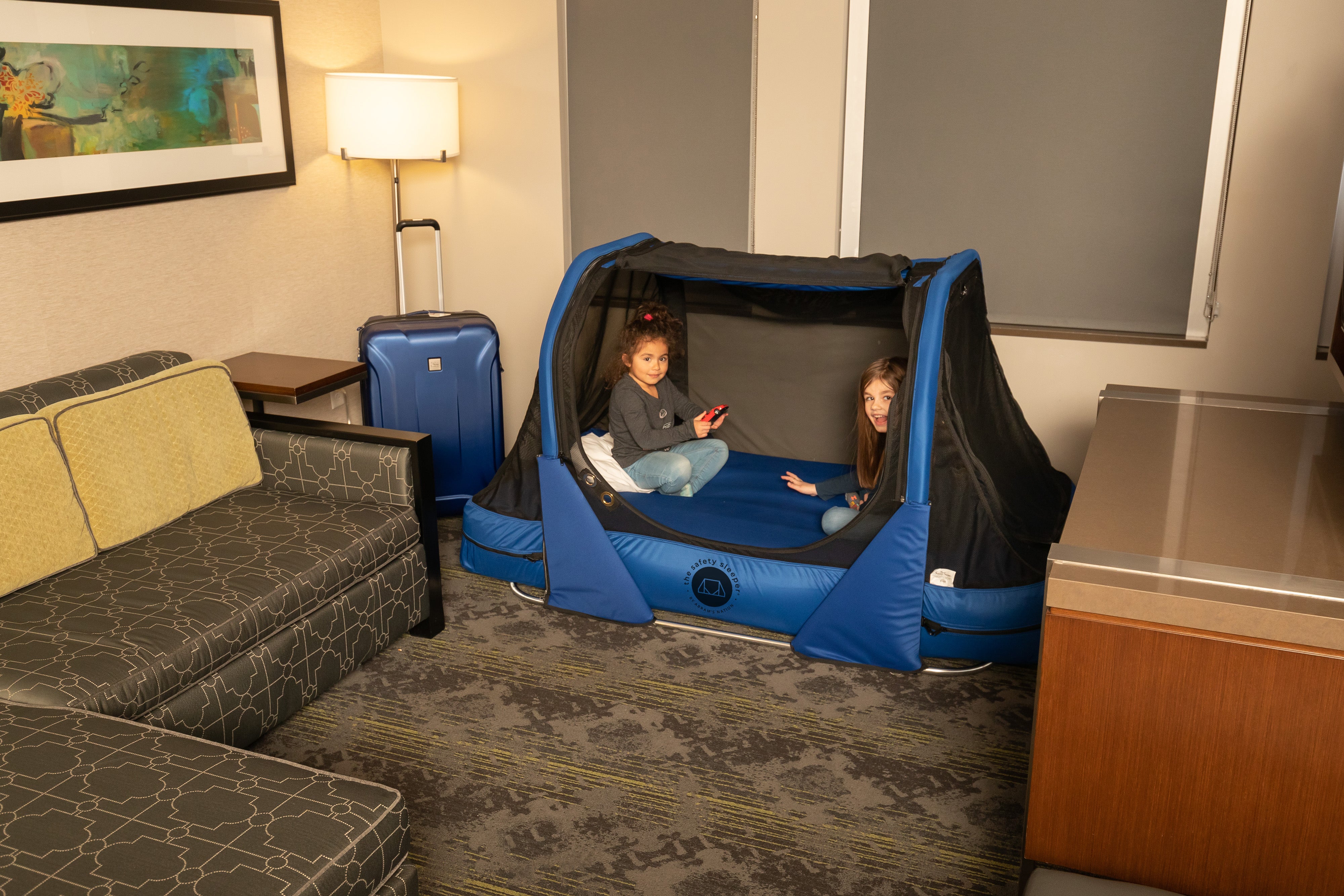 The Safety Sleeper inside a hotel room