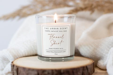 Flannel Shirt candle from TheUrbanScent.com.  The candle scents has scent details as autumn leaves, sweet spearmint eucalyptus and sage