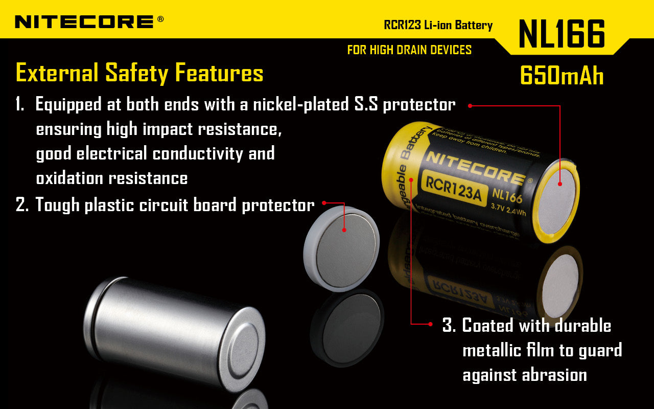 Nitecore NL166 RCR123 650mAh - Protected Button Top Battery