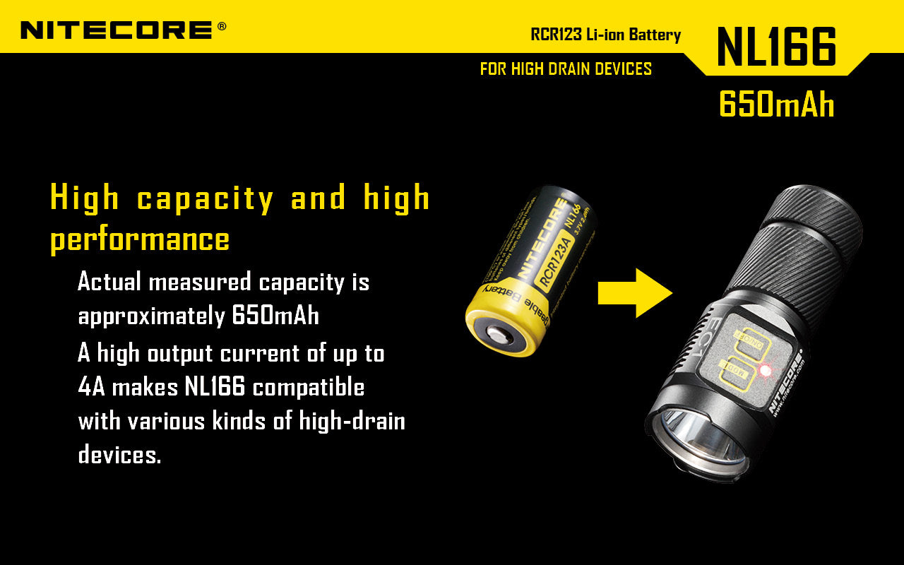 Nitecore NL166 RCR123 650mAh - Protected Button Top Battery