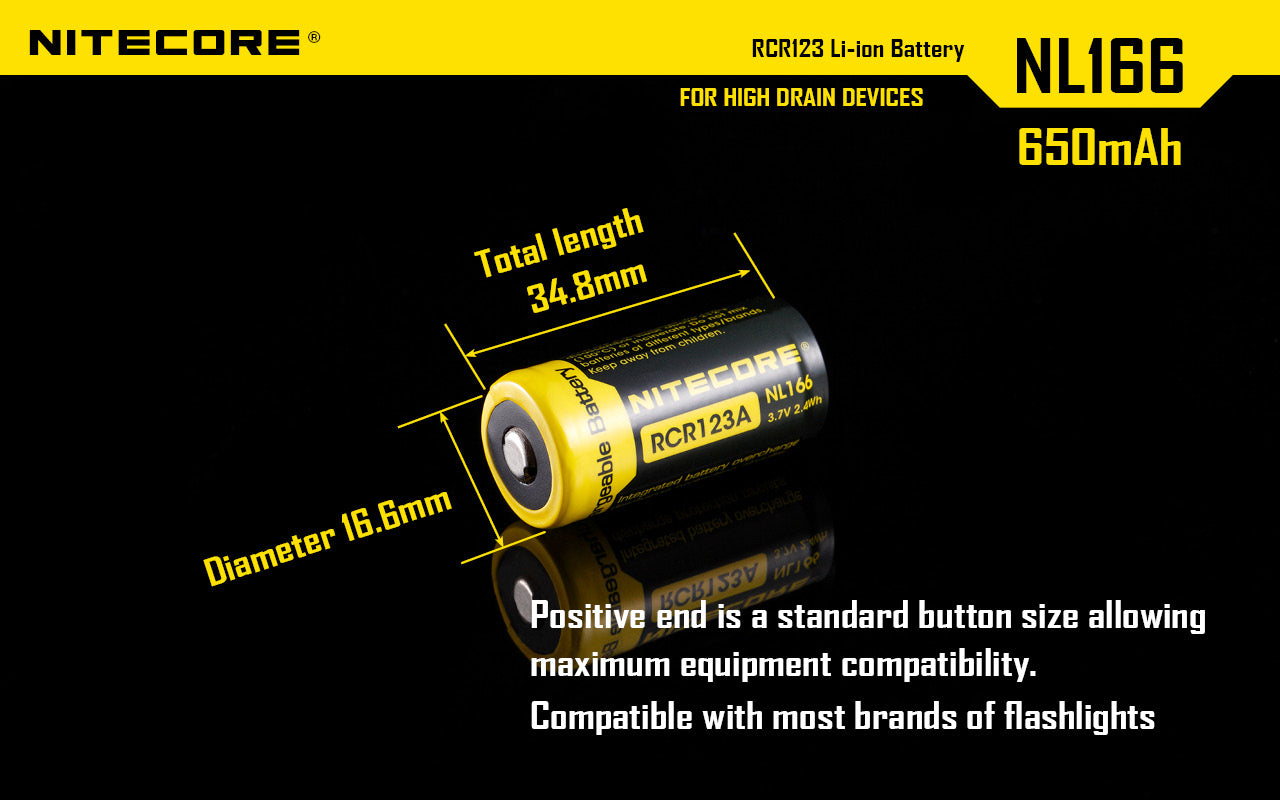 Nitecore NL166 RCR123 650mAh - Protected Button Top Battery