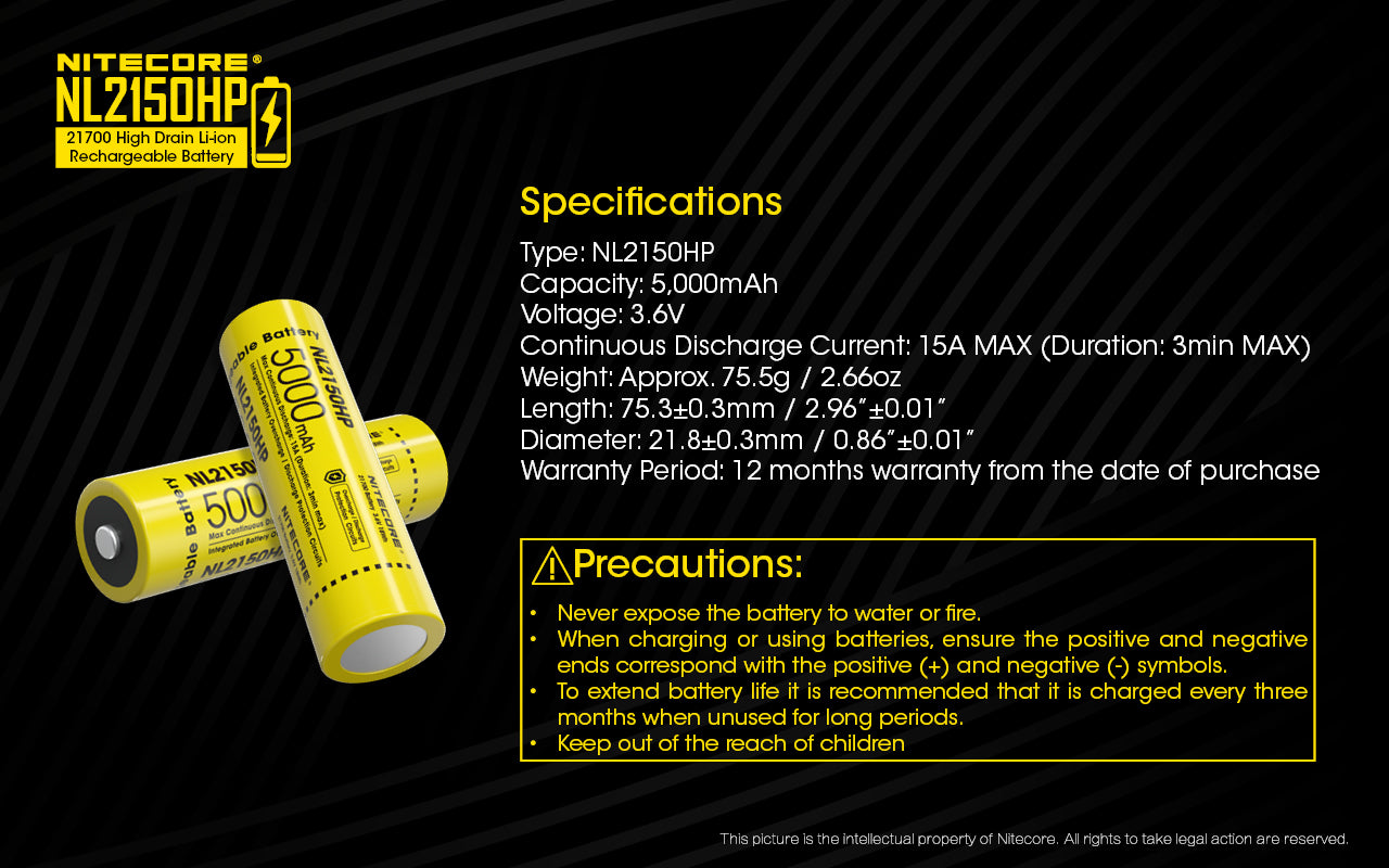 Nitecore NL2150HP 21700 5000mAh 15A - Protected Button Top Battery