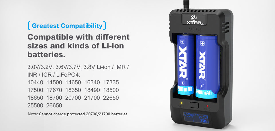 XTAR VP2 LifePo4 and Li-ion 3.6V / 4.2V / 4.35V Battery Charger