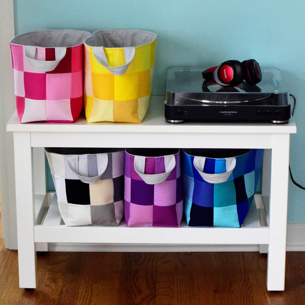 So many organization options with these scrappy fabric baskets with handles.