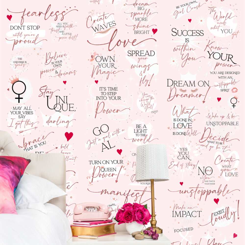 pink bedroom wallpaper with inspirational quotes