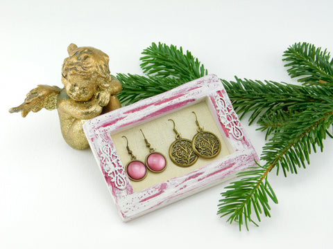 Schmuck Weihnachtsgeschenke - Geschenkset mit Ohrringen Rosa auf Rahmen mit Engel
