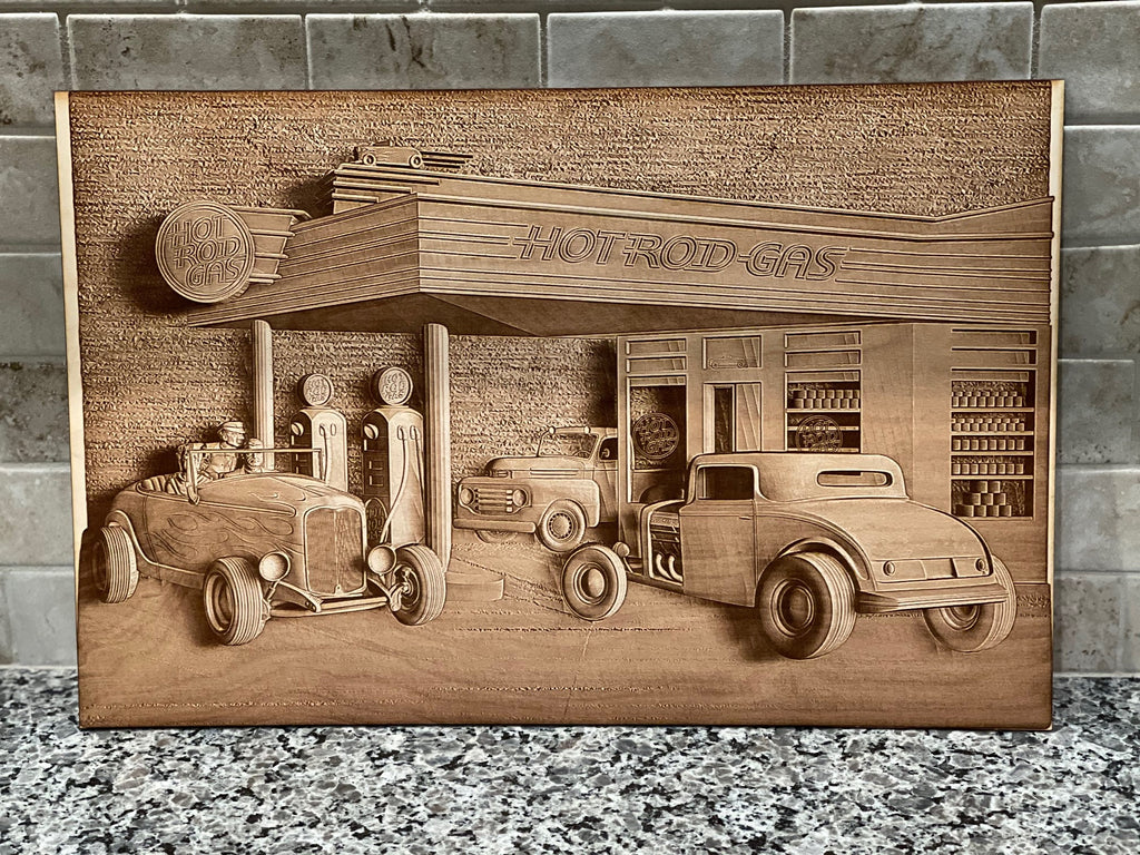 3D Laser Engraved Wall Art - 17" x 10.8" / Hotrod Gas Station.  Amazing lasered 3D effect on 1/4" Maple!