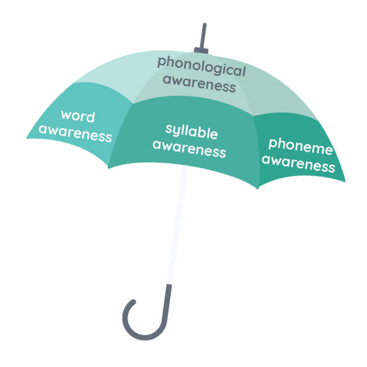 Umbrella with the text 'phonological awareness at the top. Under that reads: word awareness, syllable awareness, phoneme awareness'