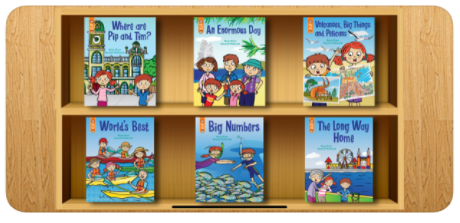 Preview of the Little Learners app, showing book covers on a bookshelf