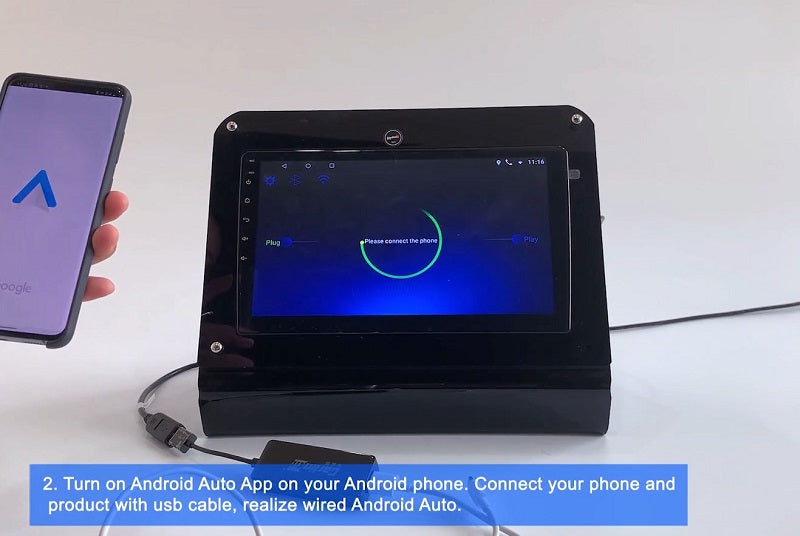 2. Turn on the Android Auto APP on your Android phone. Connect your phone and product with USB cable, realize wired Android Auto.