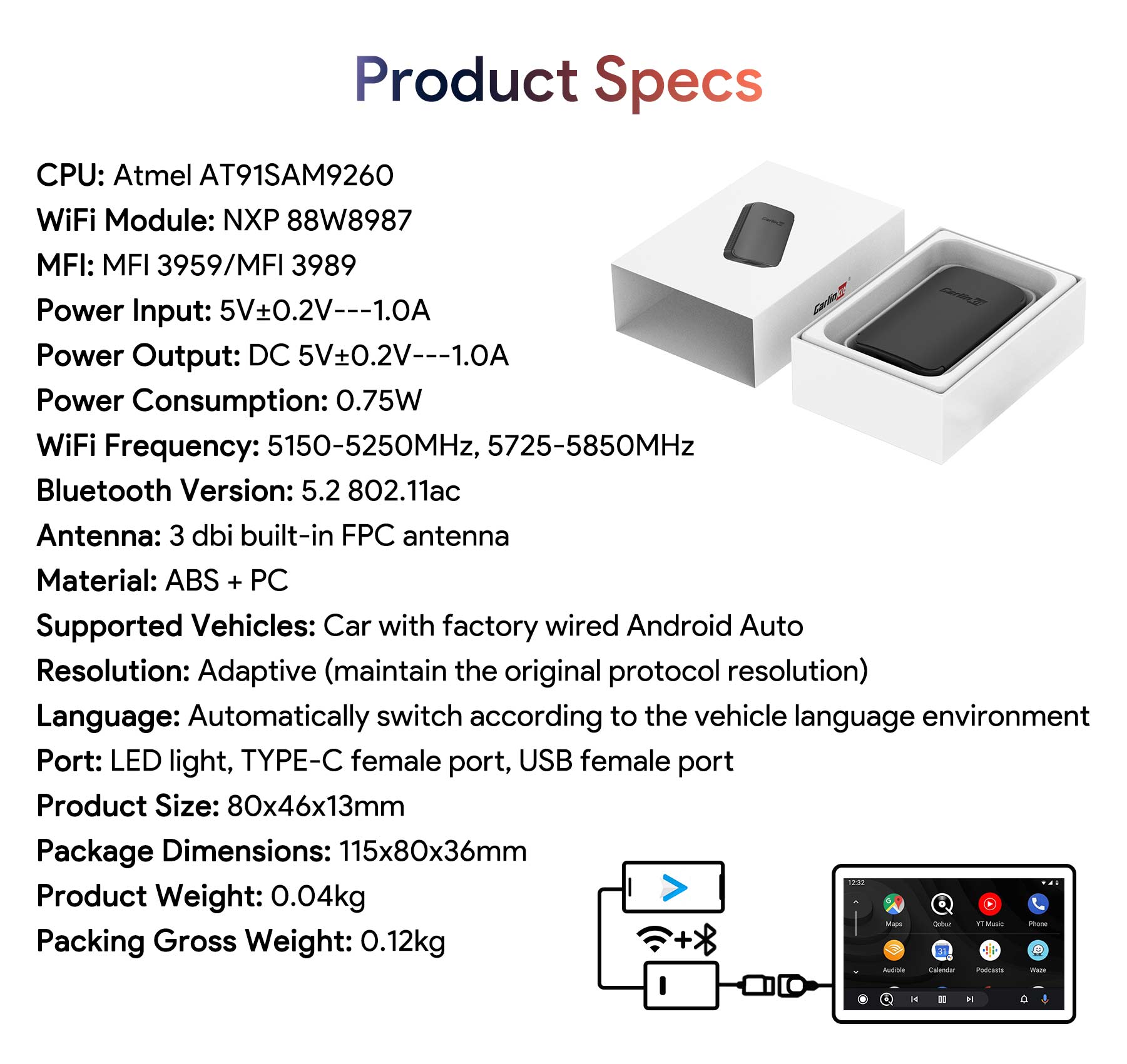 A2A-Wireless-Car-Adapter-For-Android -Auto-wireless-connection-specification