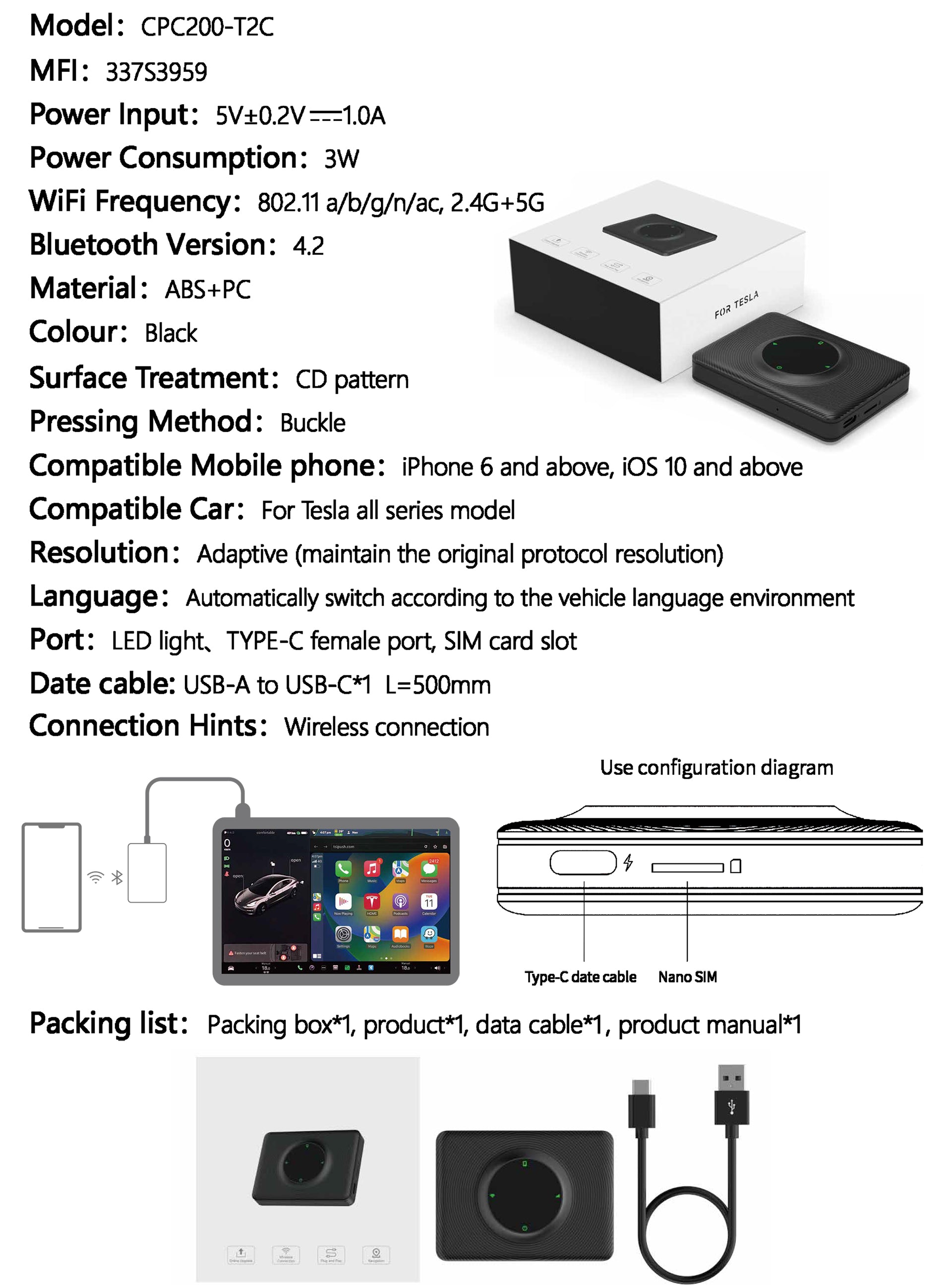 CPC200-T2C-Tesla-Exclusive -Version-Help-all-Tesla-Cars-Use-Wireless Apple-Carplay-adapter-package-list