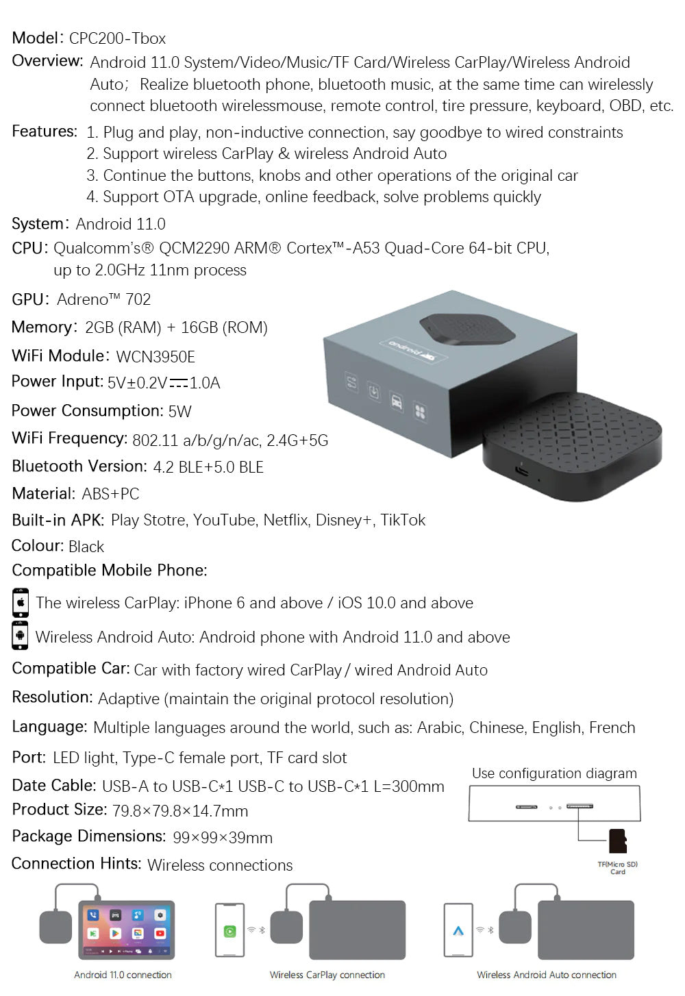 Wireless CarPlay Ai Box Adapter CarlinKit, Wireless Android Auto  Spotify/Netflix/, Comes with an Open Android 9.0 System, Built-in 4G  Network/GPS+Glonass/Google Play/4G+64G Memory price in Saudi Arabia,  Saudi Arabia