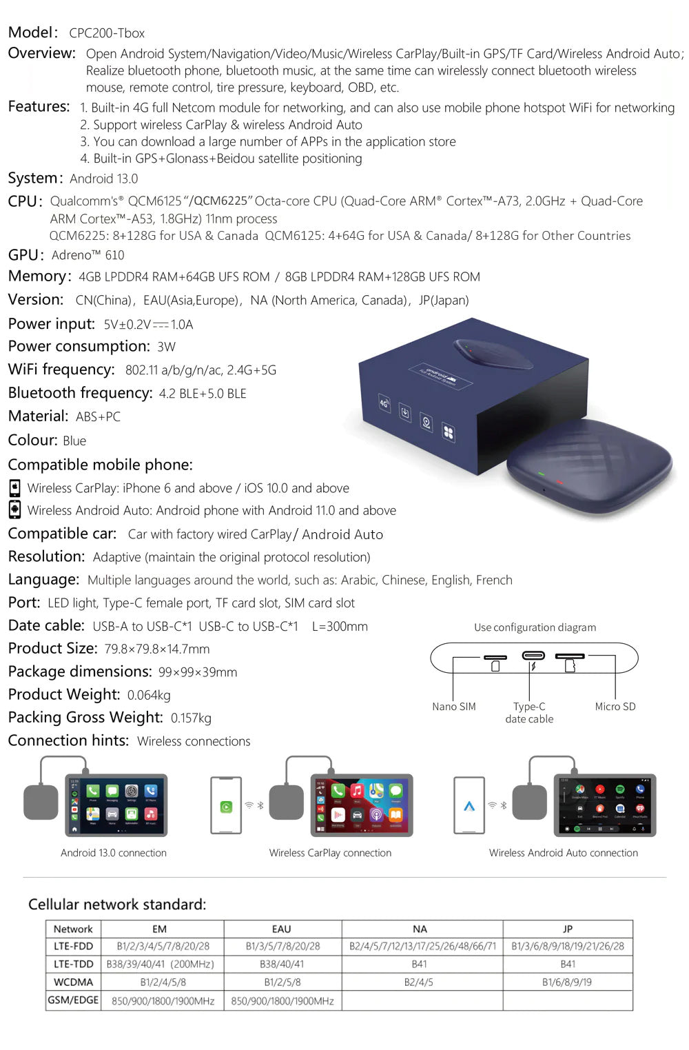 CarlinKit CarPlay Magic Android AI Box Adapter Built-in Android 13.0  System,Qualcomm 8-Core,8+128GB,Google Play/Netflix//GPS,Support  SIM&SD