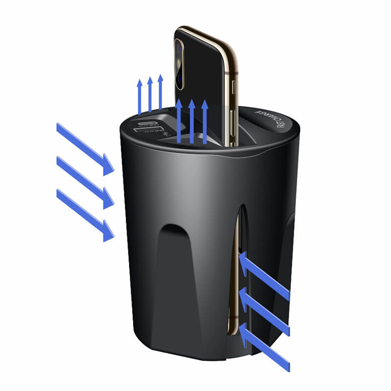 Fast cooling/ Efficient charging: The ingenious air circulation design enables the heat generated by the wireless charging to be emitted more quickly, the temperature is lower, and the charging efficiency is higher.