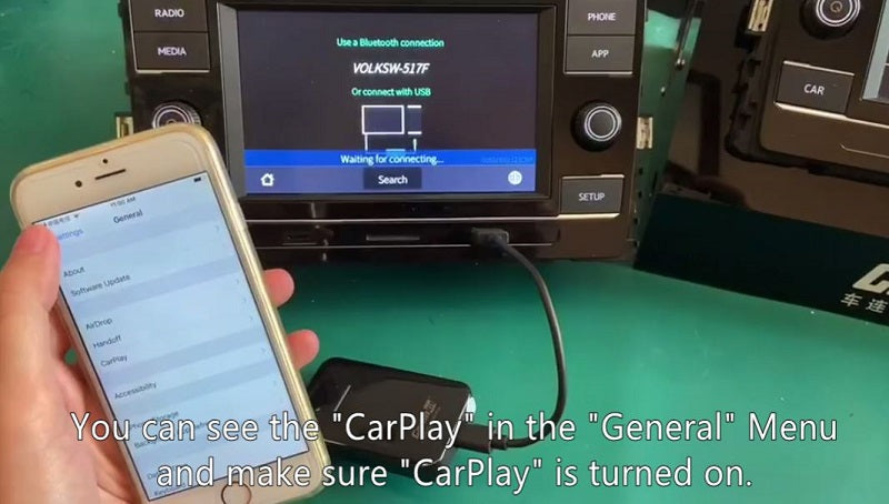 You can also search for the iPhone's Bluetooth name on the car screen, to pair and connect. You can see the "CarPlay" in the "General" Menu and make sure "CarPlay" is turned on.