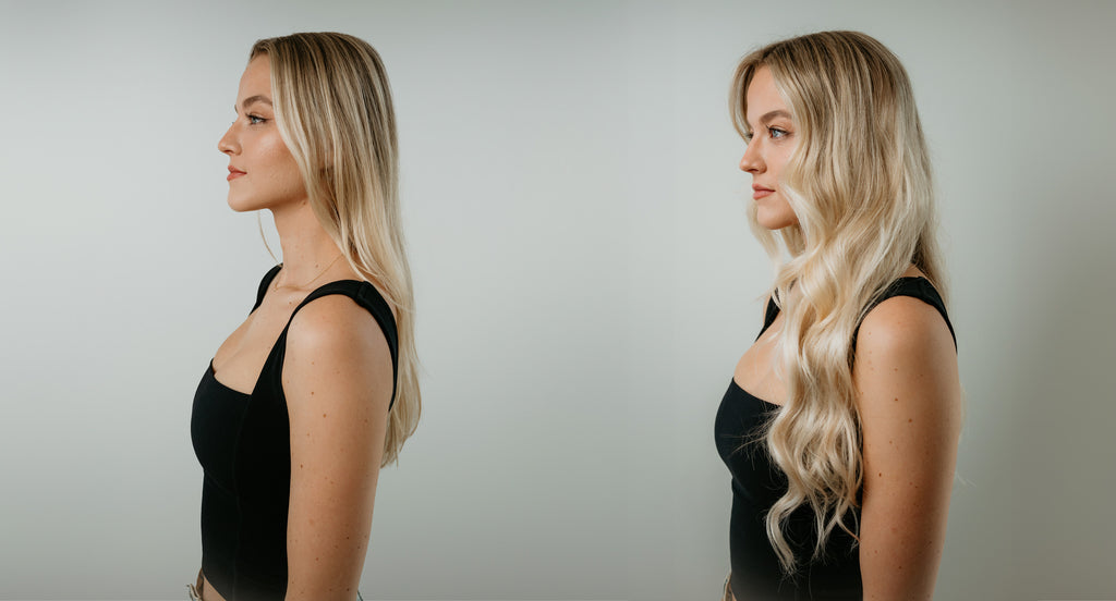 Before and After Halo Hair Extensions 21"