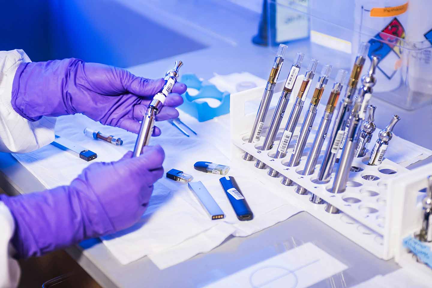 Disposable vapes being examined in a lab