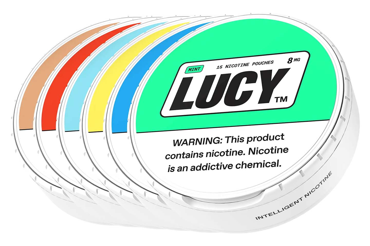 Closeup of container of Lucy nicotine pouches in 6-pack bundle