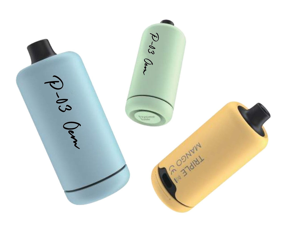 three RoseDalekb P-03 vapes in assorted colors and flavors