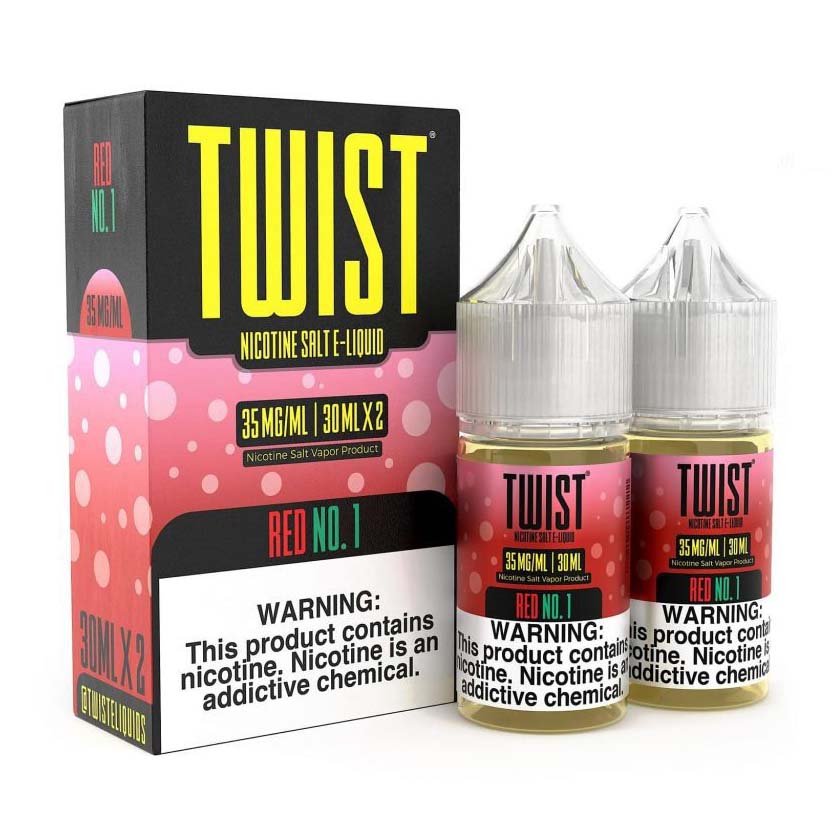 Two containers of watermelon flavored Twist e-juice next to their box.