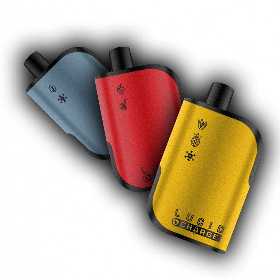 Three Lucid Charge vape devices against an orange background.