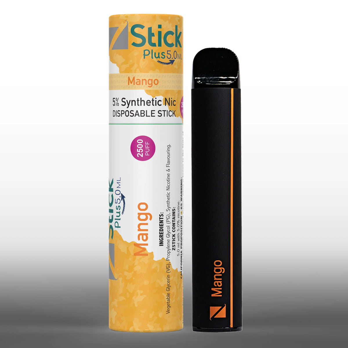 A Ziip Stick Mango vape device next to its packaging.