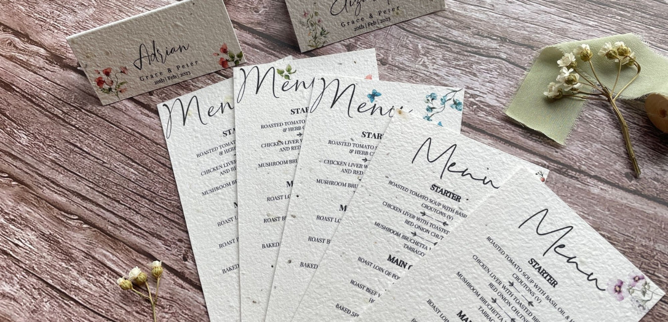 A La KArt Creations wedding menus, featuring the variety of themes available.