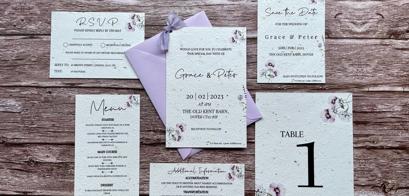 The 'Mauve' wedding stationery collection, featuring wedding invitations, RSVP's, Table number cards, menus, and useful information cards.