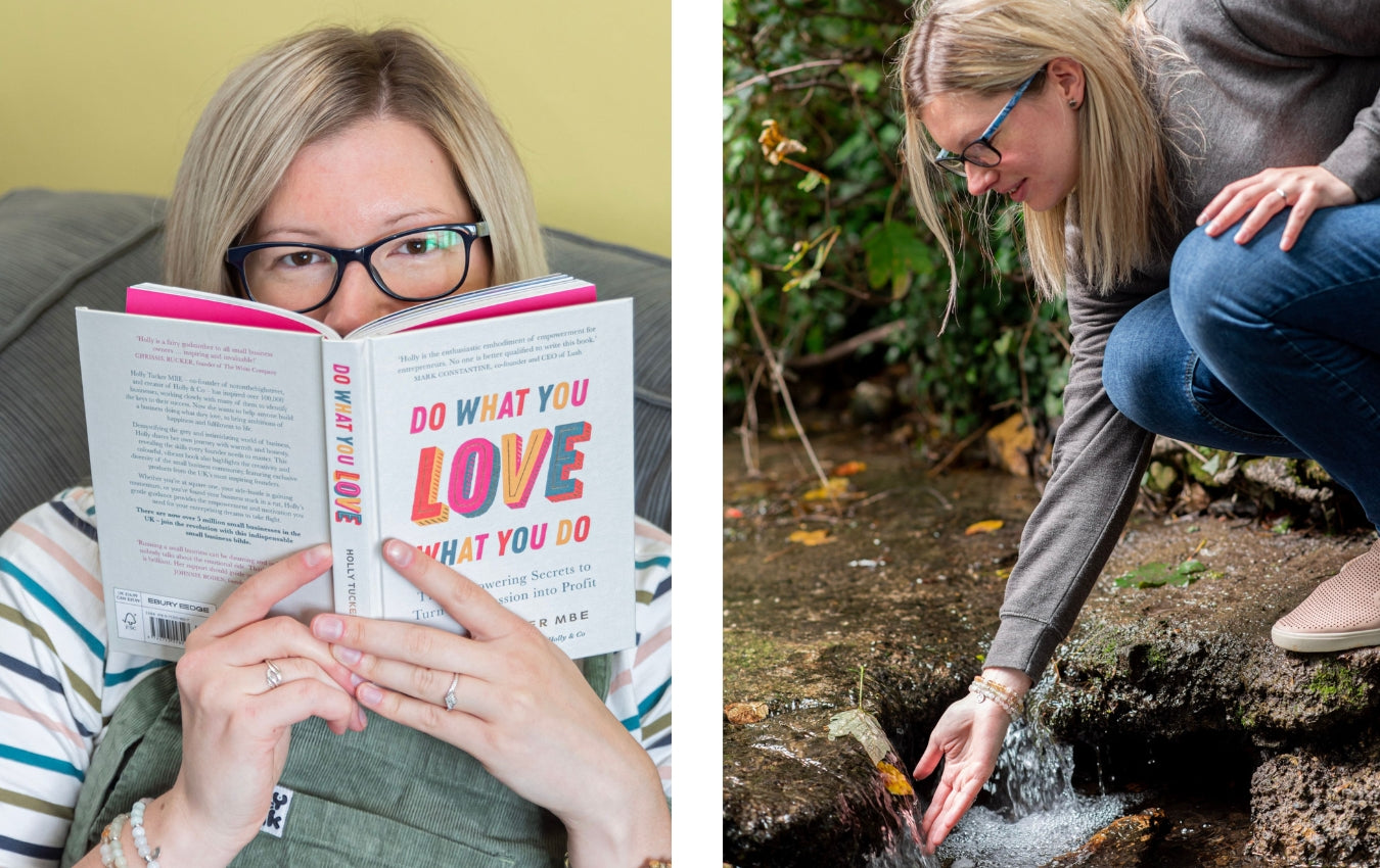 Kitti, the founder of A La KArt Creations, is sat reading a book titled 'Do what you Love, Love what you do', alongside an image of Kitti standing by a stream of water.