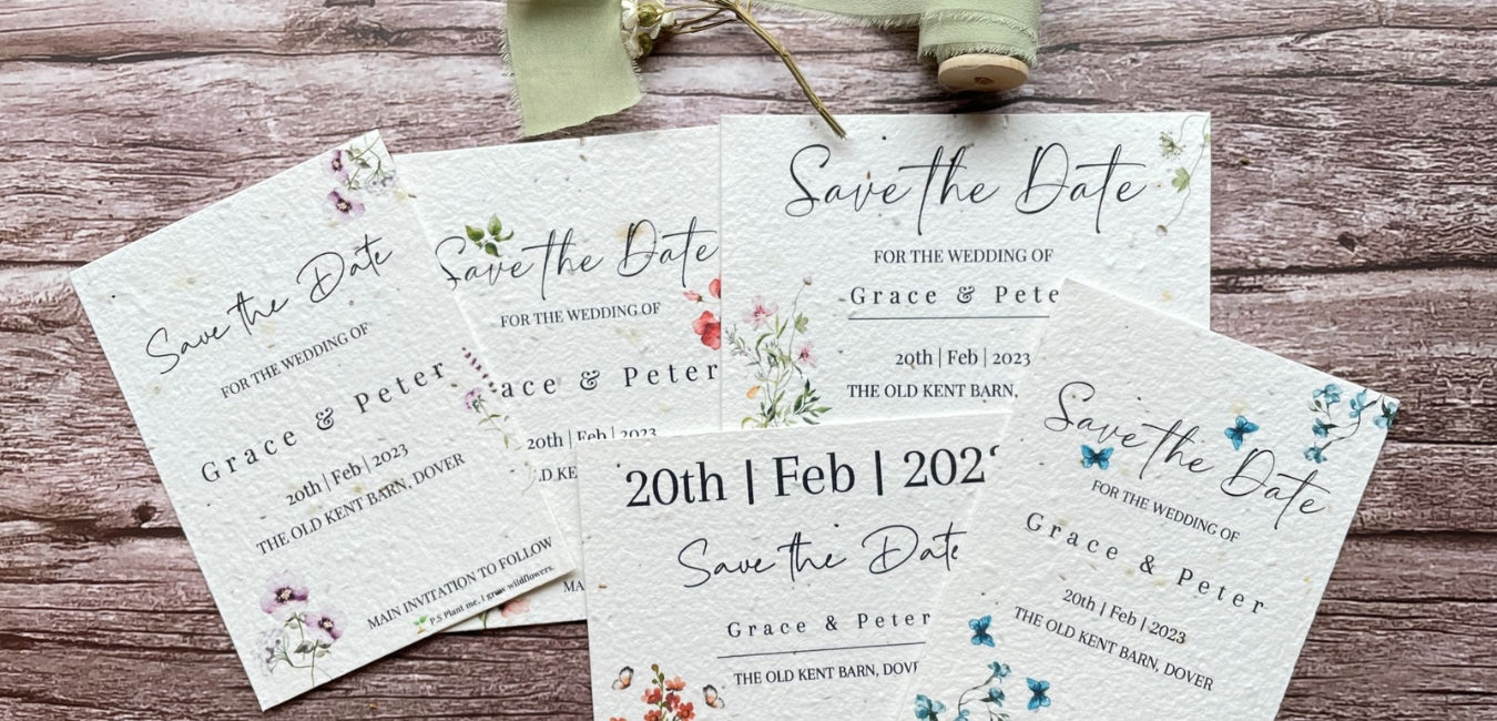 A range of A La KArt Creations save the date cards, featuring one of each wedding themes.