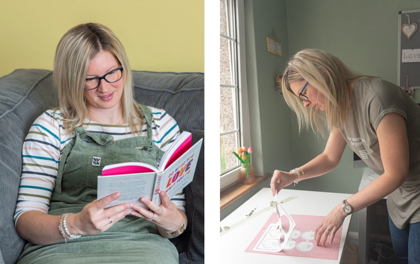 Kitti, the founder of A La KArt Creations, is seen reading a book titled 'Do what you Love, Love what you do', alongside a joint image of Kitti creating business stationery.  