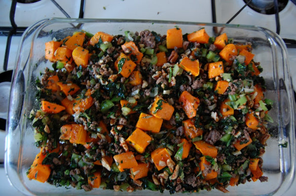 Roasted Butternut Squash Stuffing with Ground Wagyu Beef and Kale