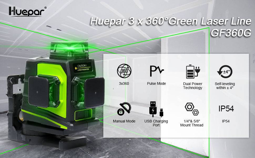 Huepar GF360G - 3D Laser Level Green Lines USB Charging Level freeshipping  - Best Laser Level - Advanced Technology - Huepar