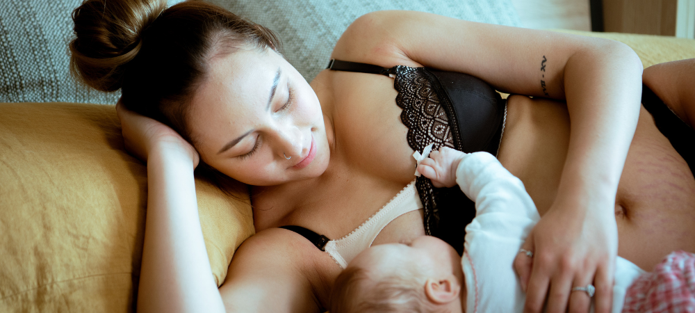 Breastfeeding Mother feeds her baby while wearing Hotmilk Nursing bra Show Off