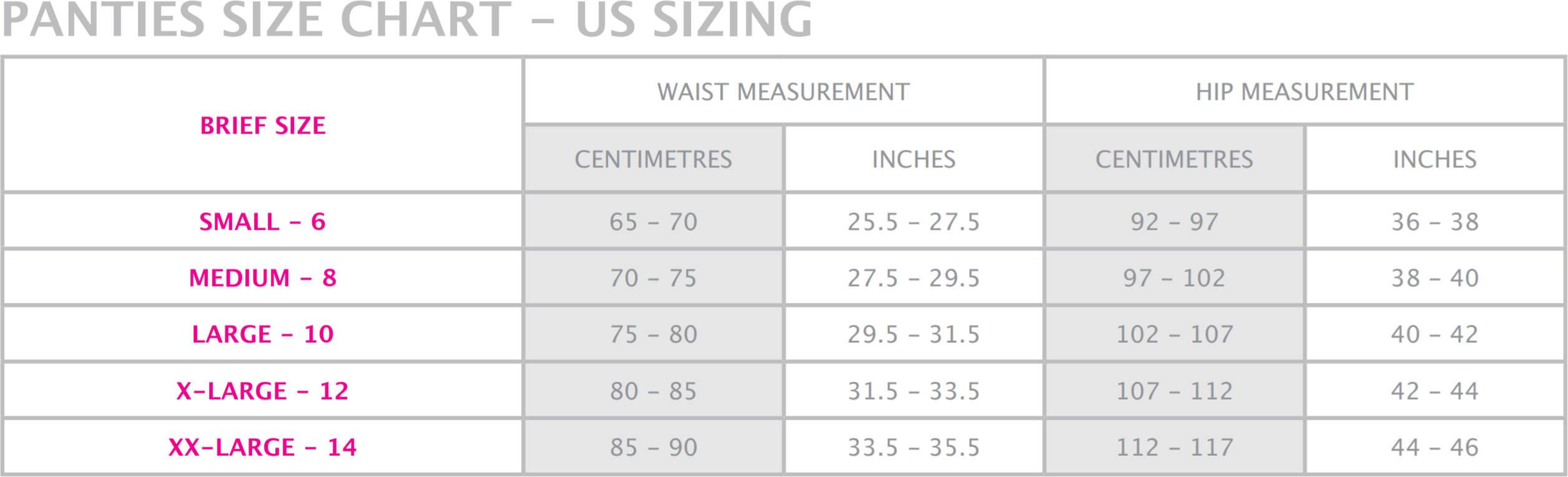 Clothing Size Guides - Hotmilk Lingerie