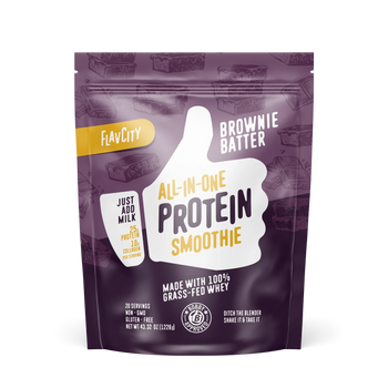 Brownie Batter flavor protein smoothie bag, front