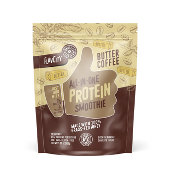 Butter Coffee flavor protein smoothie bag, front