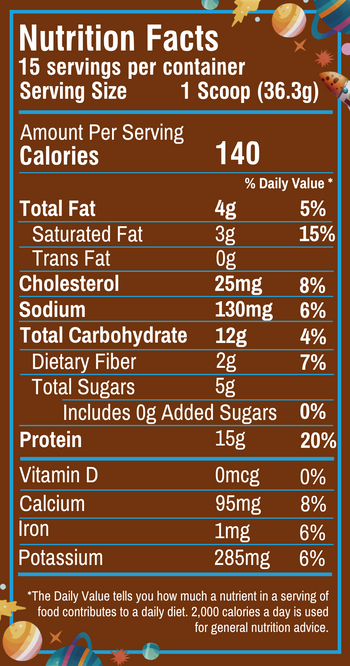 Galactic Brownie Kids Protein Flavor Smoothie bag, nutrition facts