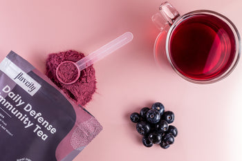 Elderberry Immunity Defense Tea Bag, elderberries, and prepared tea
