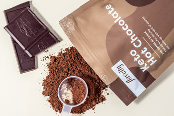 chocolate squares, scoop, and Keto Hot Chocolate Drink Mix Bag
