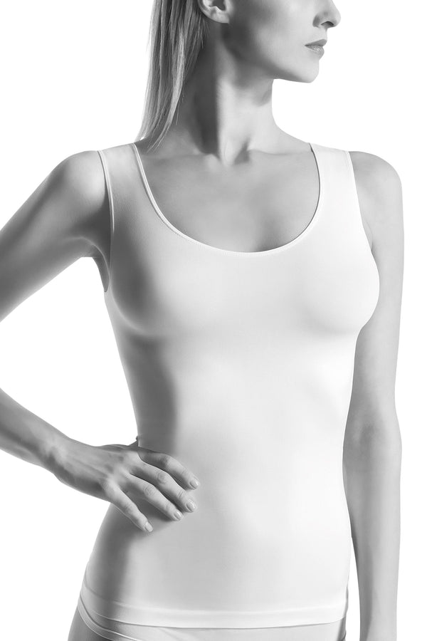 Broad Strapped Body Hugging Tank Top - White