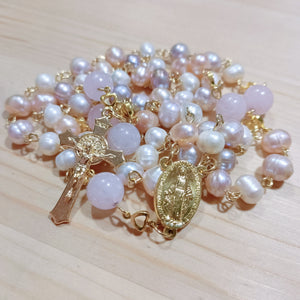 Rosary: Freshwater Pearls and Rose Quartz Gemstone Beads, Miraculous Medal centerpiece & St. Benedict Crucifix | Catholic Gifts