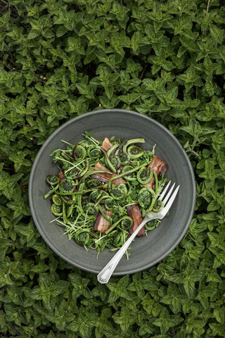 A dish of fiddlehead ferns and bacon in a handmade ceramic bowl rests on a backdrop of dark green leaves