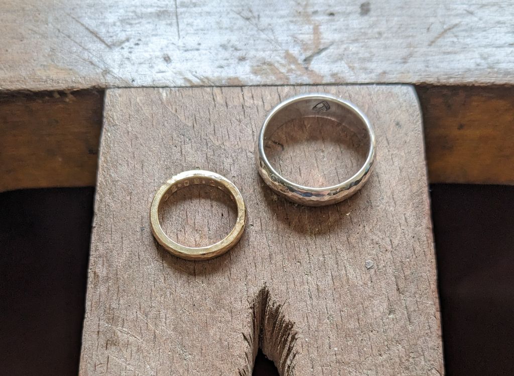 Completed rings created in the workshop, now polished and ready for the big day!